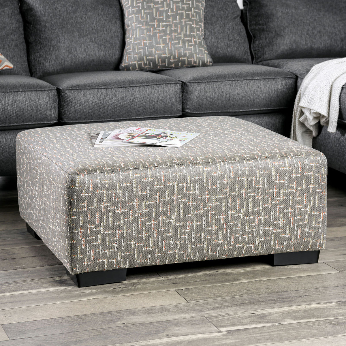 Gray Finish Transitional Style Upholstery Ottoman Block Legs Box Cushion And Medium Density Foam