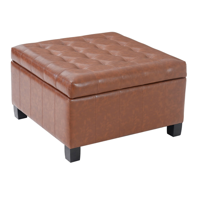 Light Brown PU Storage Ottoman with Rubber Wood Legs, 30.25'' Square Tufted Indoor Ottoman with Lift-Top Storage for Living Room, Bedroom & Entryway,300lbs Weight Capacity