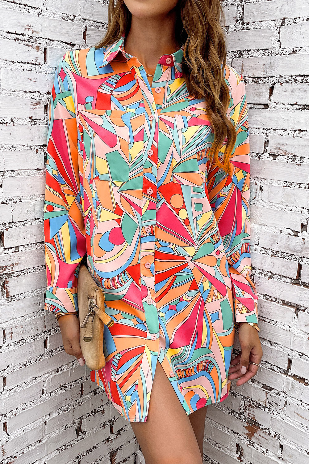 Multicolor Abstract Print Long Sleeve Shirt Dress - Eloy Royal