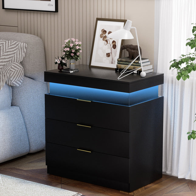 Nightstand with Charging Station and LED Lights with Bedside Table with Drawers