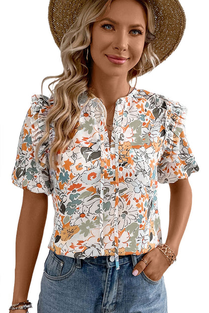 Multicolor Split V Neck Puff Sleeve Floral Print Blouse - Eloy Royal