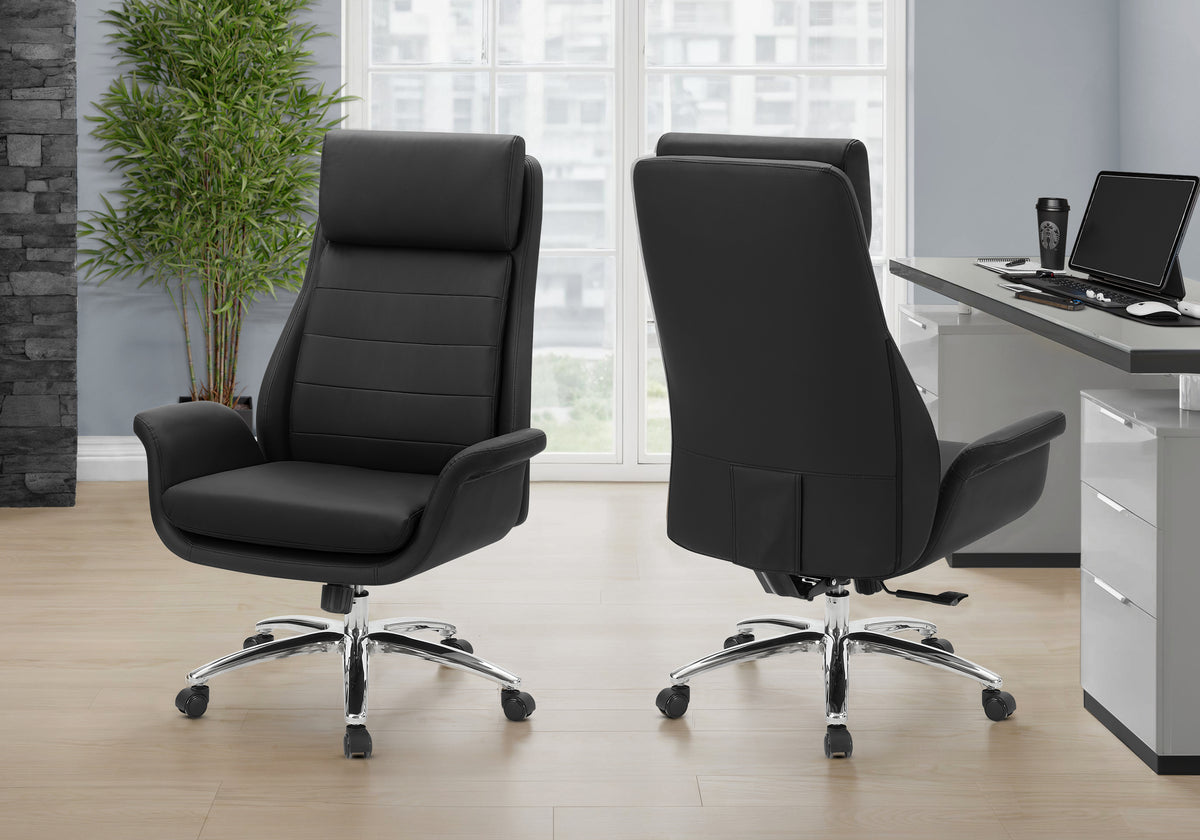 Office Chair, Adjustable Height, Armrests, Ergonomic, Swivel, Computer Desk, Work, Black Leather Look, Chrome Metal, Contemporary, Modern
