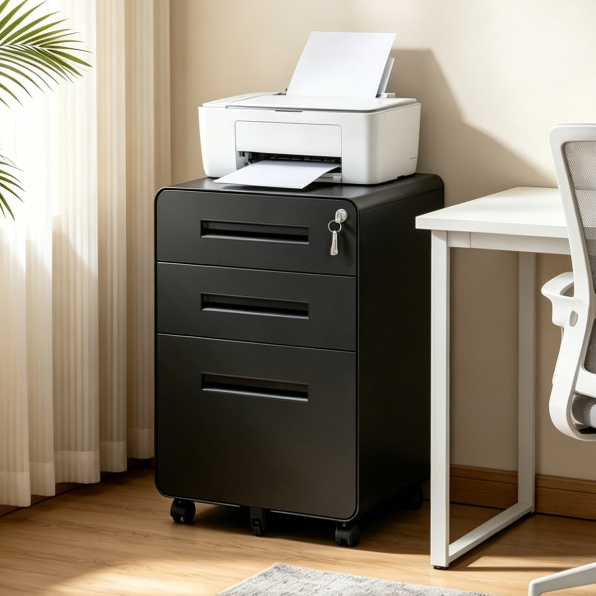 3 Drawer Metal Mobile File Cabinet with Lock, All-Steel Metal Storage Cabinet on 360° Wheels, Fully Assembled, Holds A4/Letter/Legal Files,Black Steel Office Storage Cabinet for Home Office