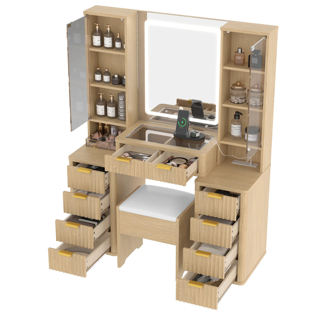 43.5' Fluted Makeup Vanity Desk with Mirror and Lights, Modern Glass Top Vanity Table with 10 Drawers & 2 Transparent Glass Cabinets, Dressing Table Set with Stool and Charging Station, Oak - Eloy Royal