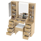 43.5' Fluted Makeup Vanity Desk with Mirror and Lights, Modern Glass Top Vanity Table with 10 Drawers & 2 Transparent Glass Cabinets, Dressing Table Set with Stool and Charging Station, Oak - Eloy Royal