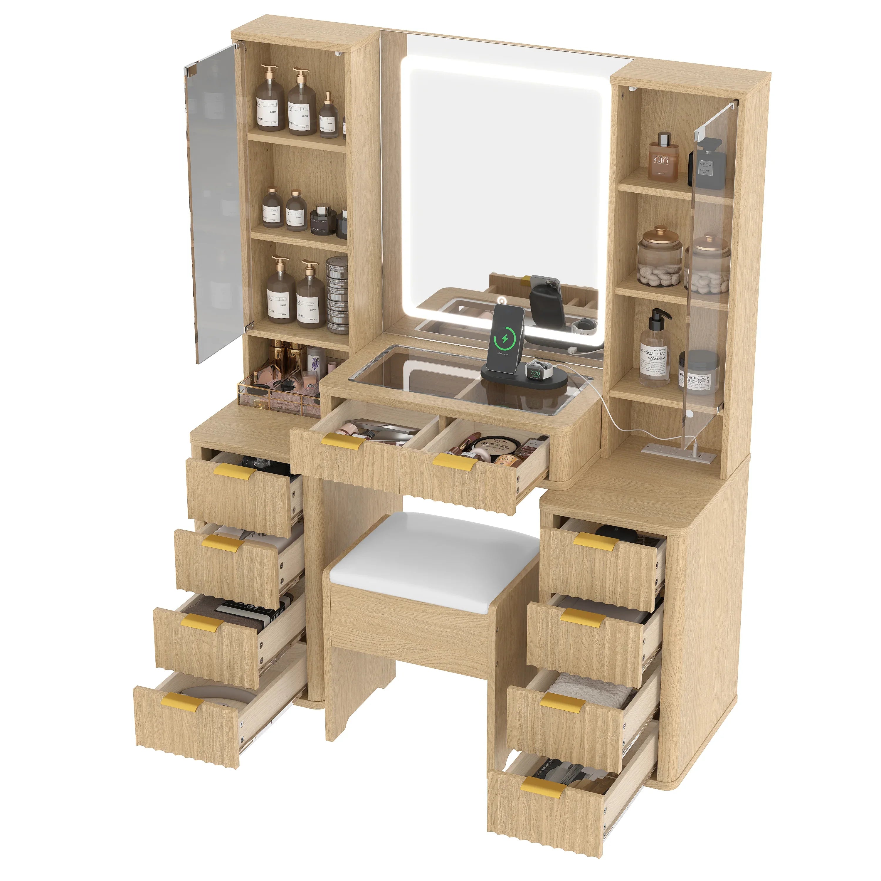 43.5' Fluted Makeup Vanity Desk with Mirror and Lights, Modern Glass Top Vanity Table with 10 Drawers & 2 Transparent Glass Cabinets, Dressing Table Set with Stool and Charging Station, Oak - Eloy Royal