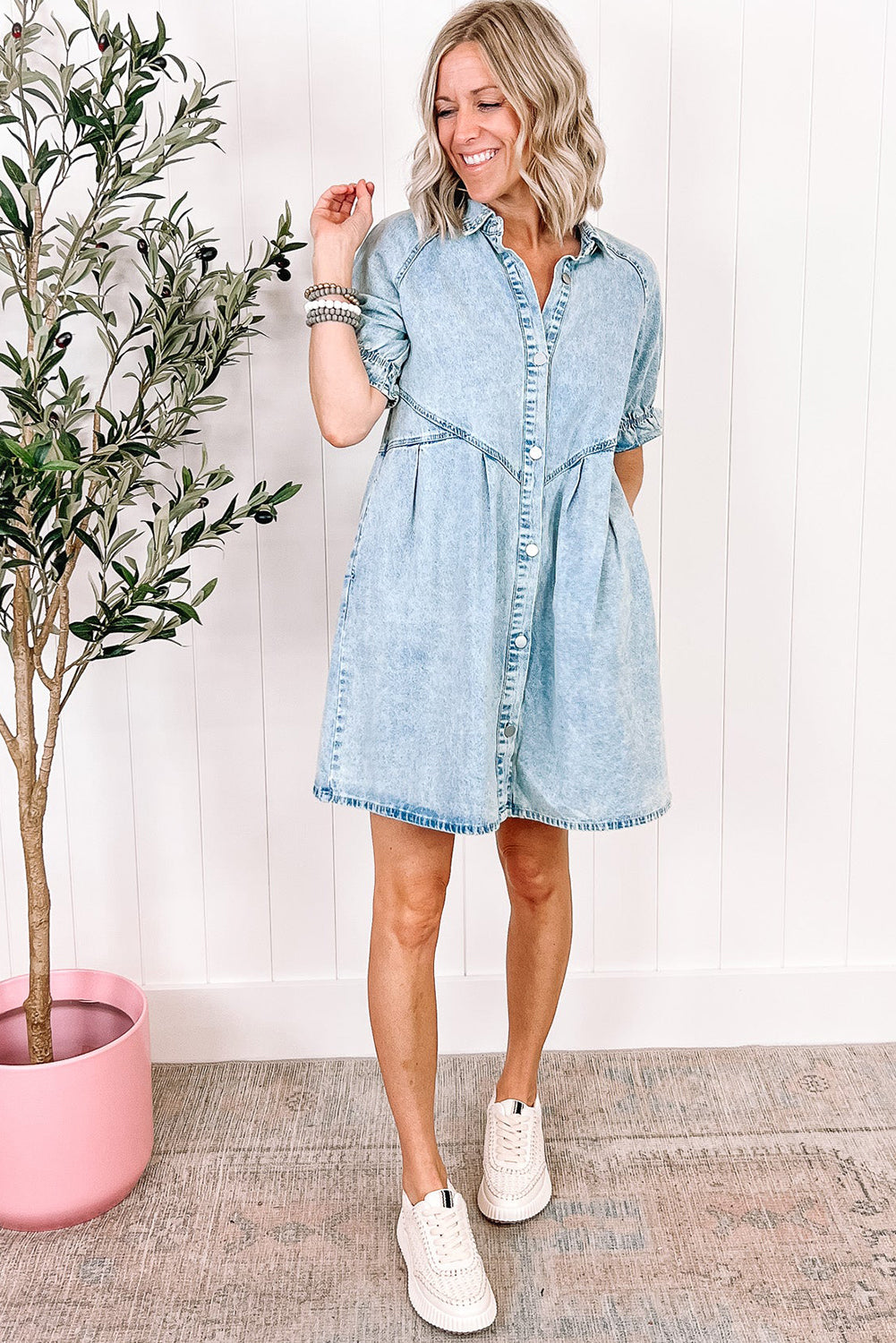 Blue Mineral Washed Ruffled Short Sleeve Pocketed Denim Dress - Eloy Royal