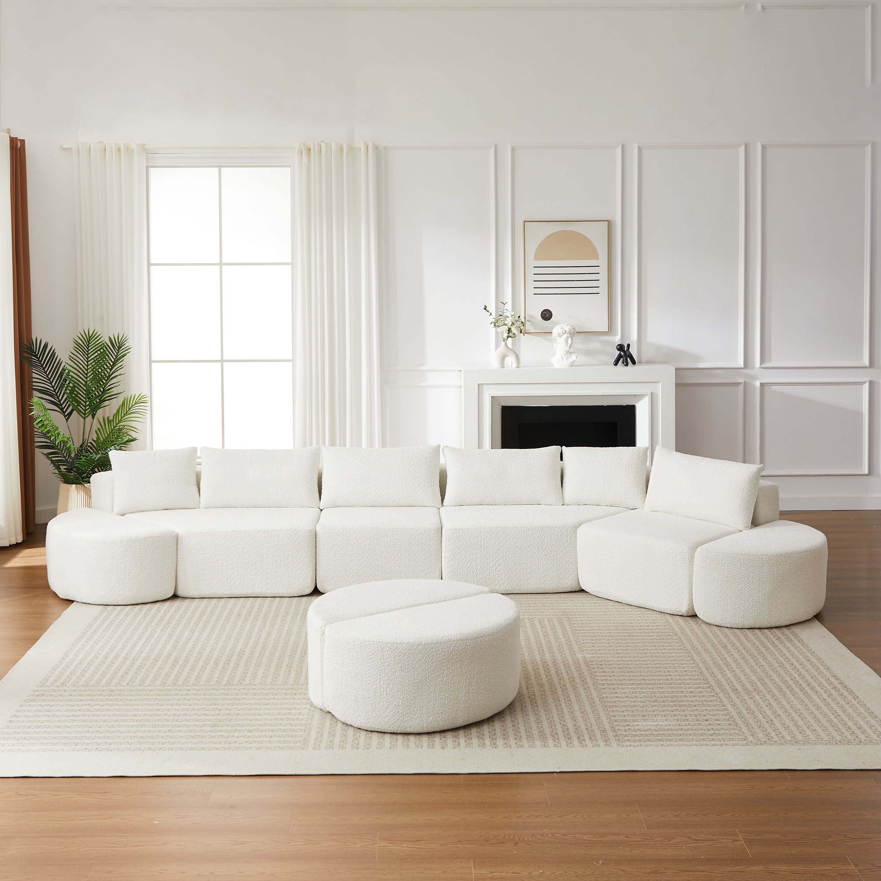 Modular sofa set in chenille fabric, featuring six decorative pillows and four curved footstools, perfectly suited for living rooms, bedrooms, and office spaces. Beige.