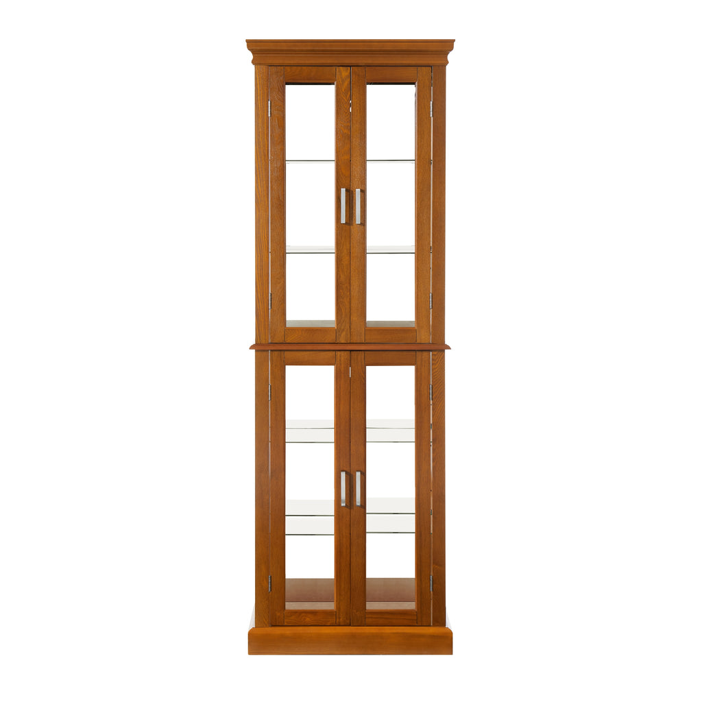 Lighted Curio Cabinet with Adjustable Shelves, Mirrored Back, and Tempered Glass Doors, 6-Tier Oak Finish