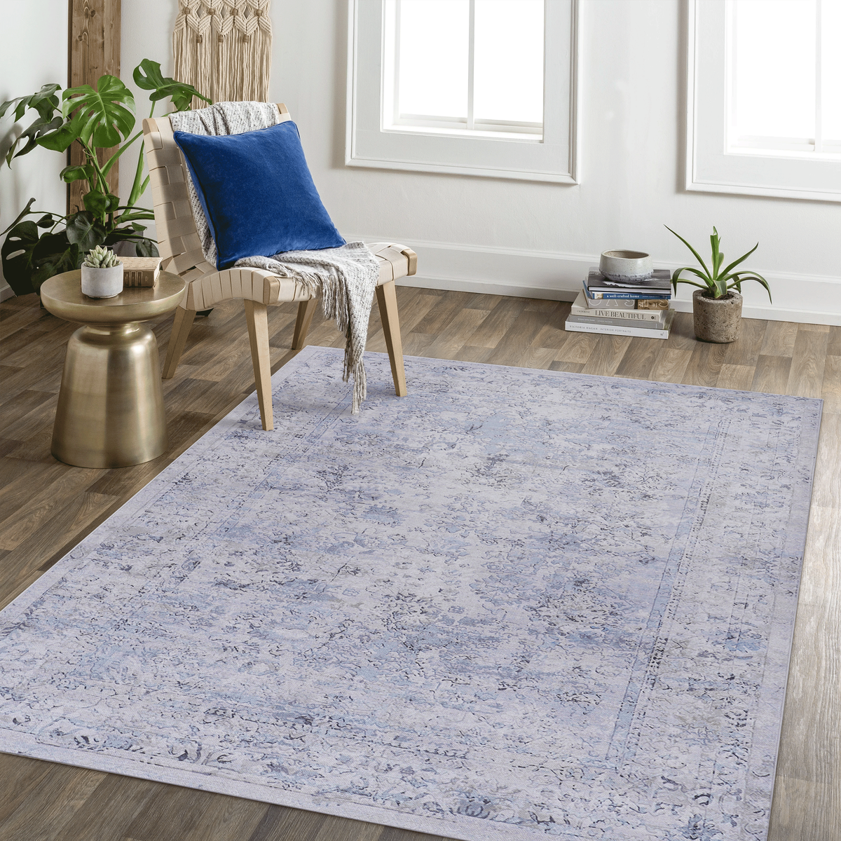 LOOM & LUXE 8x10 Area Rug, Washable Rug, Low-Pile, Non-Slip, Non-Shedding, Foldable, Kid & Pet Friendly - Area Rugs for living room, bedroom, kitchen (Blue/Cream, 8' x 10')