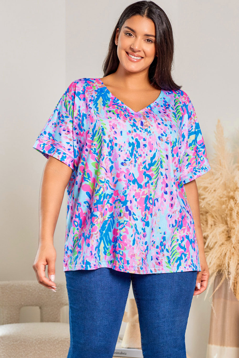 Sky Blue Plus Size Plant Print V Neck T-shirt - Eloy Royal