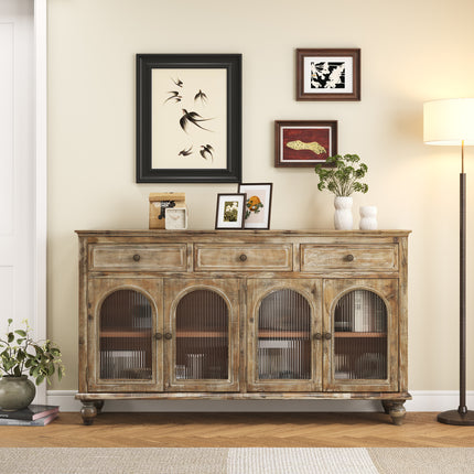 59.06' Farmhouse Sideboard Buffet Cabinet, Distressed Wood Credenza with 3 Drawers & 4 Glass Doors, Rustic Storage Cabinet with Shelves for Kitchen, Dining Room, Living Room, Distressed Natural Brown