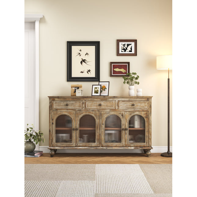 59.06' Farmhouse Sideboard Buffet Cabinet, Distressed Wood Credenza with 3 Drawers & 4 Glass Doors, Rustic Storage Cabinet with Shelves for Kitchen, Dining Room, Living Room, Distressed Natural Brown