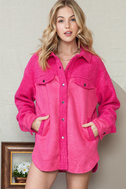 Rosy Faux Suede Sherpa Patchwork Button Up Shacket - Eloy Royal