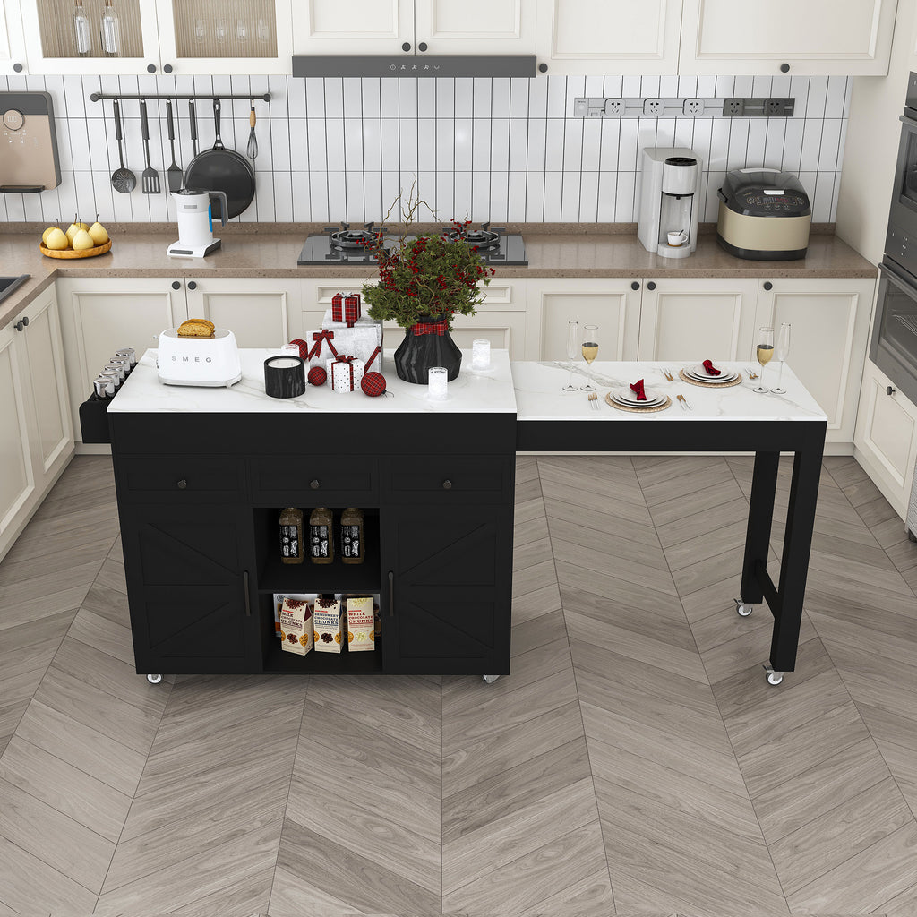 74.8' Kitchen Island with Extendable Dining Table, Marble Veneer Top & Built-in Power Outlet - Mobile Storage Cart with 3 Drawers & Cabinet, Rolling Kitchen Cart for Dining Room, Black