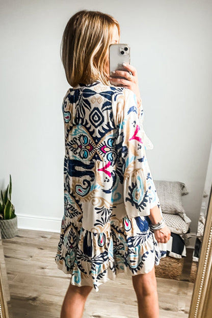 White Ethnic Print Boho Button Tiered Mini Dress - Eloy Royal