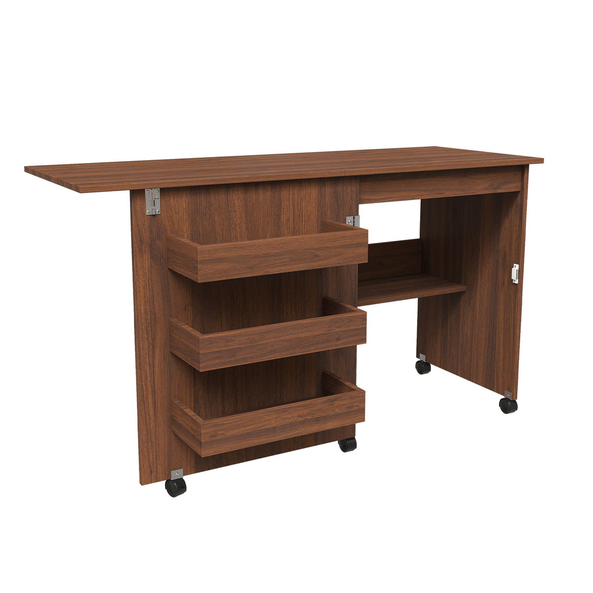 Walnut 4-in-1 Folding Sewing Table with Lockable Wheels – Multi-Functional Craft Station, End Table, Computer Desk & Kitchen Storage with Shelves, Rolling Sewing Machine Table for Apartments