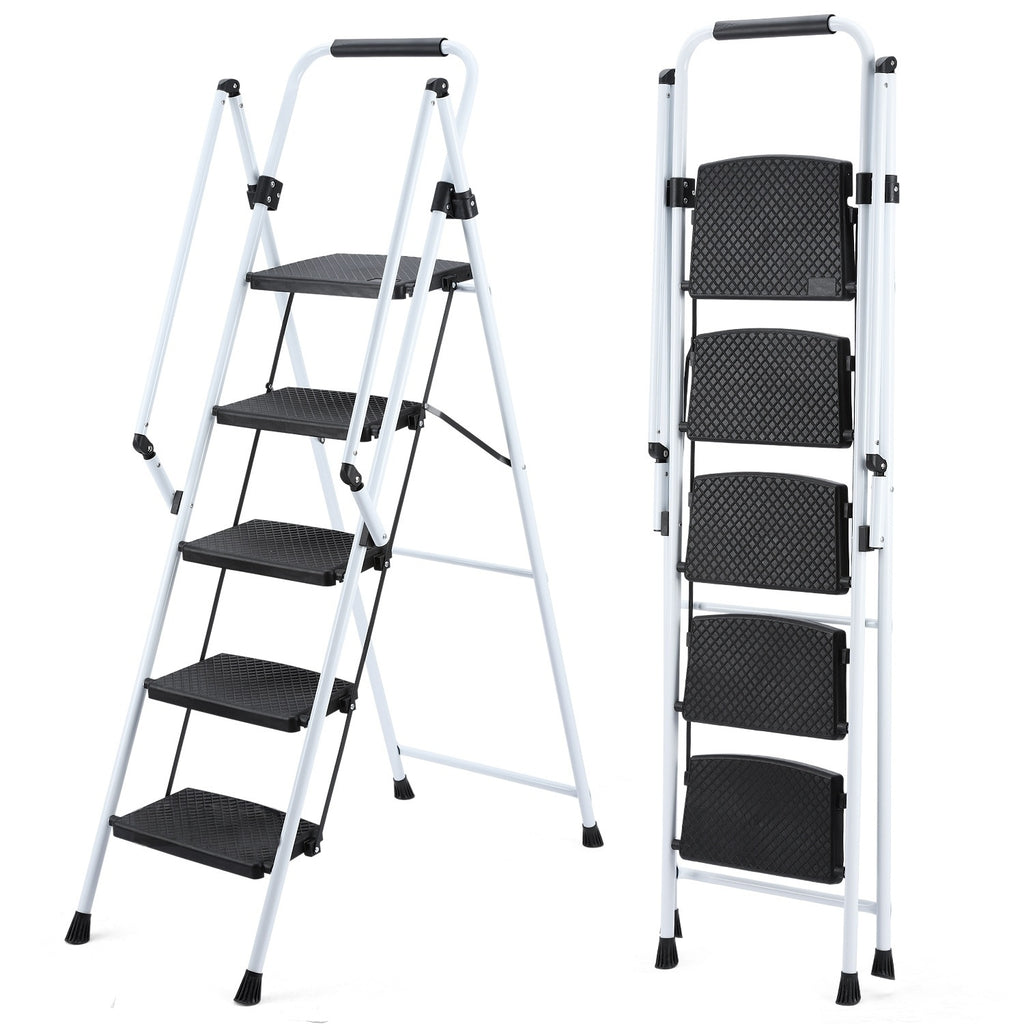 ladder, folding ladder stool, with anti slip wide pedals, steel ladder, with safety anti slip handle, lightweight 330 pound portable steel ladder stool in White 5 steps