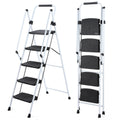 ladder, folding ladder stool, with anti slip wide pedals, steel ladder, with safety anti slip handle, lightweight 330 pound portable steel ladder stool in White 5 steps