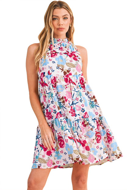 White Frill Mock Neck Sleeveless Tiered Floral Dress - Eloy Royal