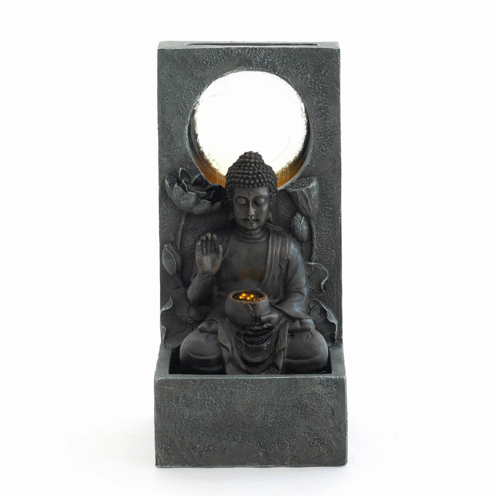 Zen-Style 28' Outdoor Buddha Waterfall Fountain in Black Resin, Freestanding Garden Decor with LED Lighting for Patio, Deck, Backyard & Home