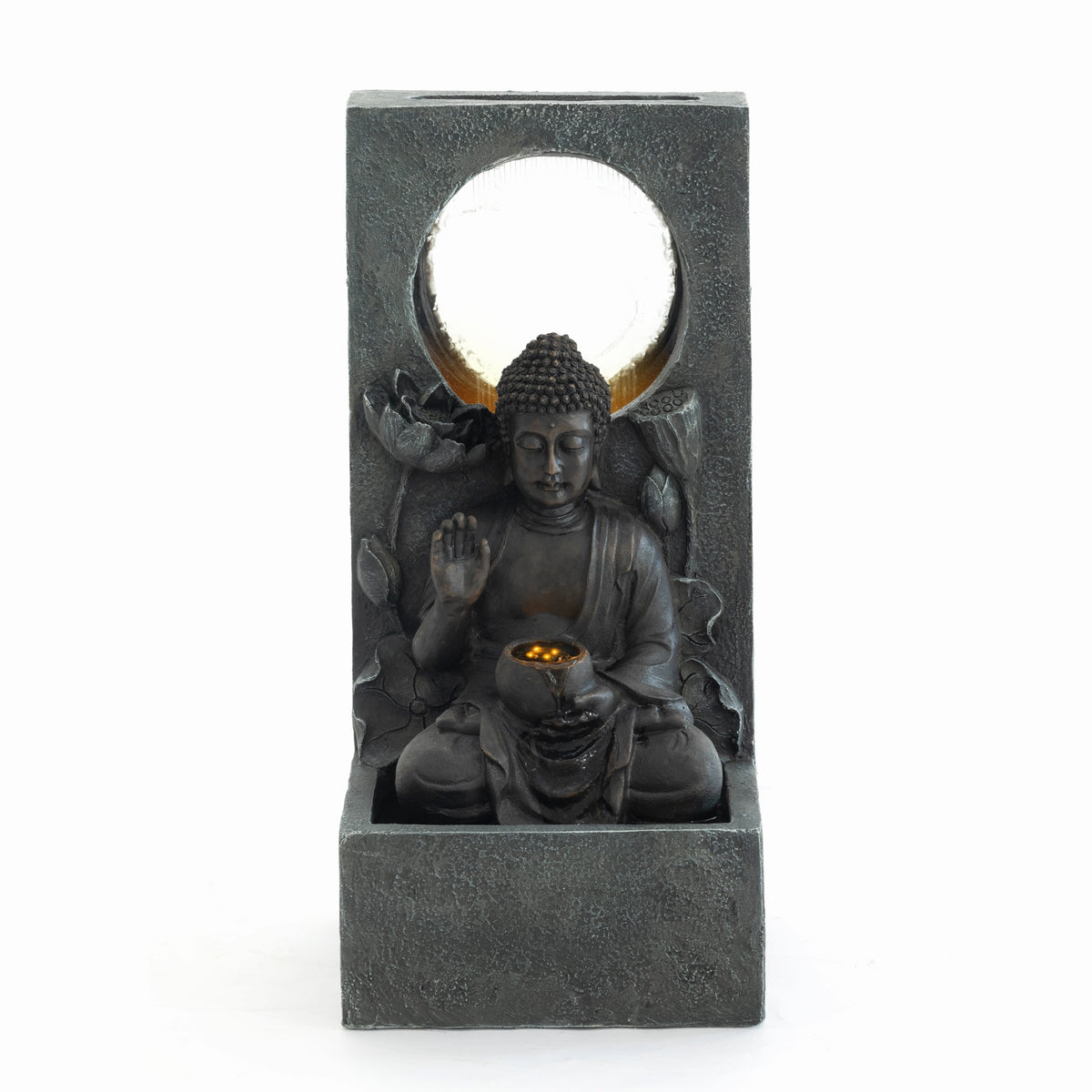 Zen-Style 28' Outdoor Buddha Waterfall Fountain in Black Resin, Freestanding Garden Decor with LED Lighting for Patio, Deck, Backyard & Home