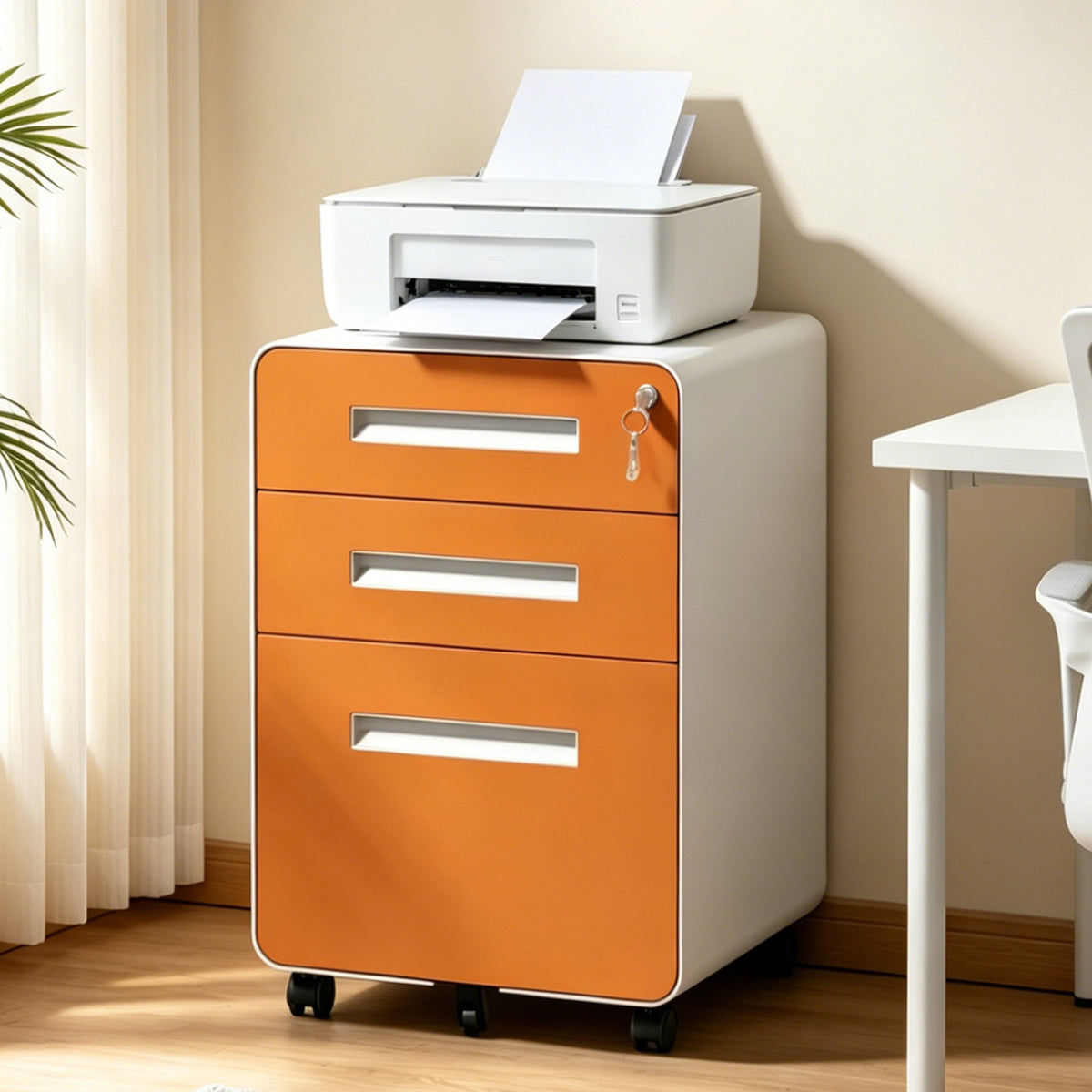 3 Drawer Metal Mobile File Cabinet with Lock, All-Steel Metal Storage Cabinet on 360° Wheels, Fully Assembled, Holds A4/Letter/Legal Files, Orange Steel Office Storage Cabinet for Home Office