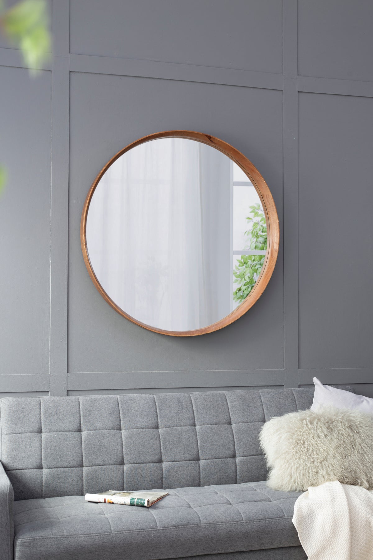 D39.4'x3' Round Wood Mirror, Wall Mounted Mirror Home Decor for Bathroom Living Room, Brown