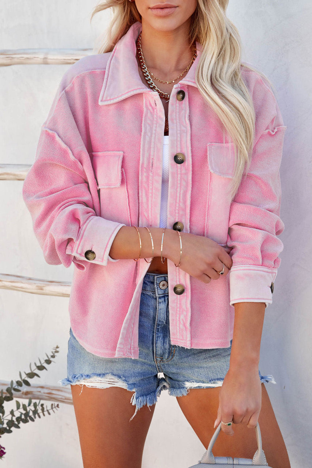 Pink Turn-Down Collar Pockets Shirt Jacket - Eloy Royal