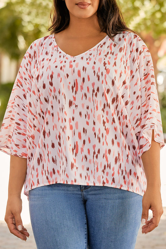 Pink Elegant Polka Dots 3/4 Dolman Sleeve Plus Size Blouse - Eloy Royal