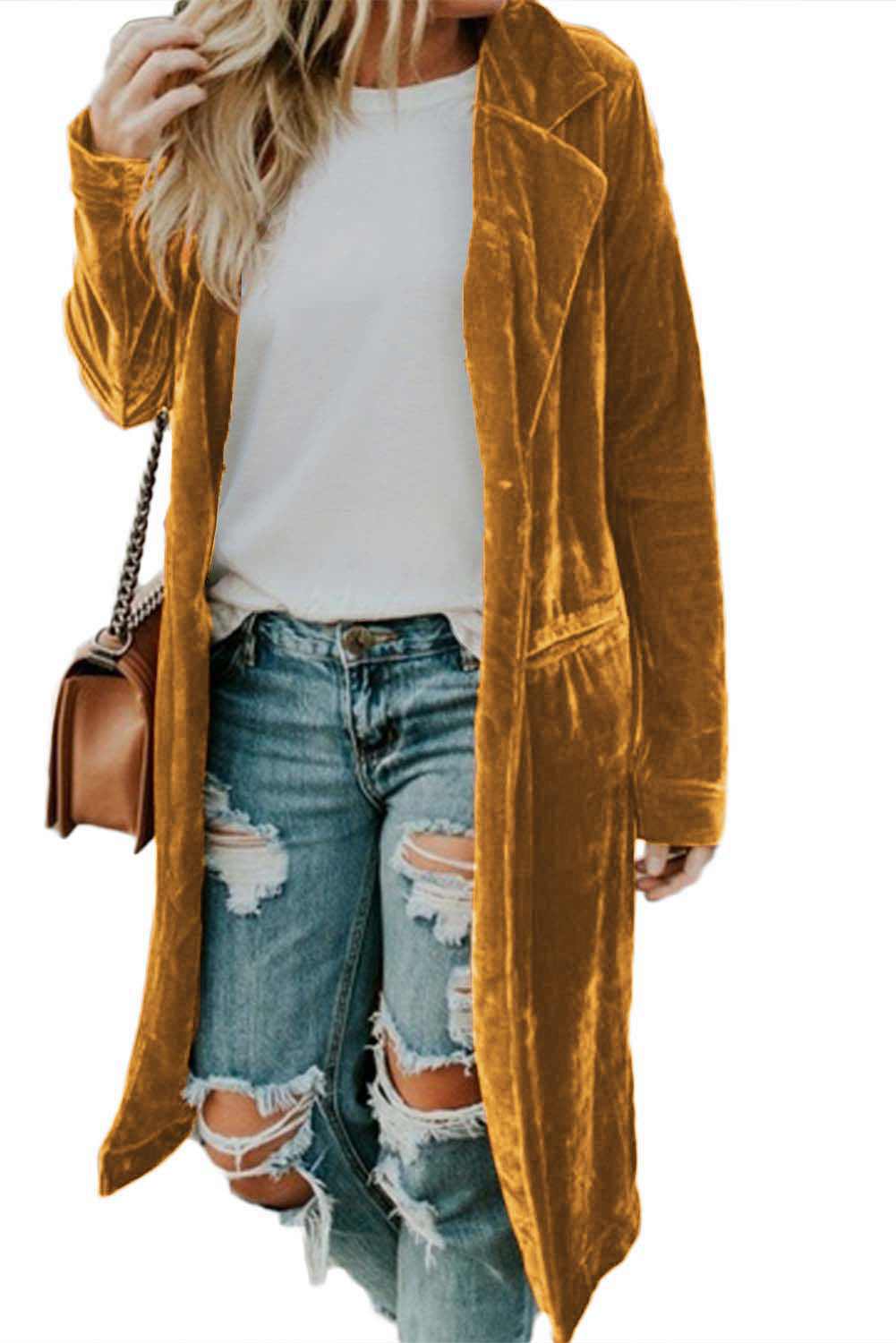 Yellow Casual Velvet Lapel Pocket Long Coat - Eloy Royal