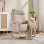 Modern Accent Rocking Chair Rocking Chair with Solid Wood Legs, Upholstered Nursery Glider Rocker, Comfy Armchair with Side Pocket, Living Room Lounge Arm Chair with High Backrest (beige,teddy)