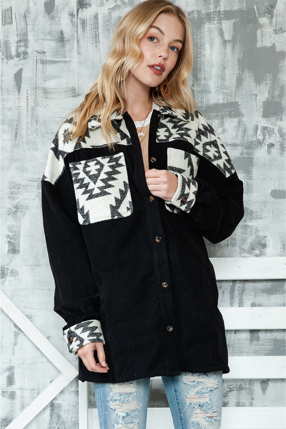 Wholesale Black Geometric Patchwork Buttoned Corded Shacket - Eloy Royal