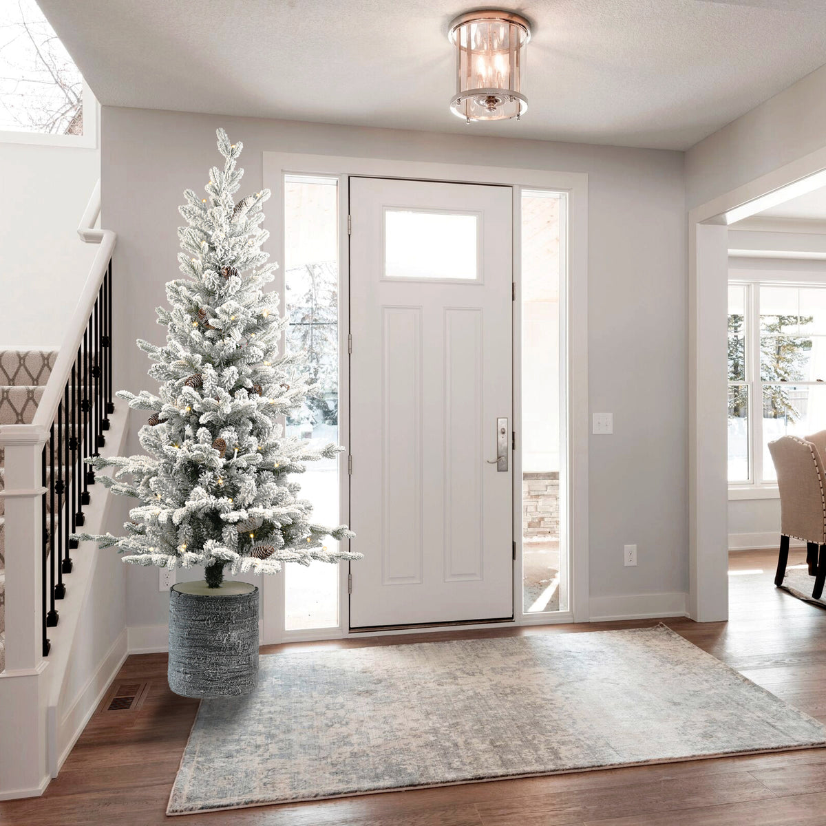 6.5FT Flocked Christmas Tree with Pot Base, 350 Warm White LED Lights, 1386 Tips, PE+PVC Branches with 31 Pine Cones – Small Prelit Holiday Tree for Tabletop, Entryway, or Home Decor