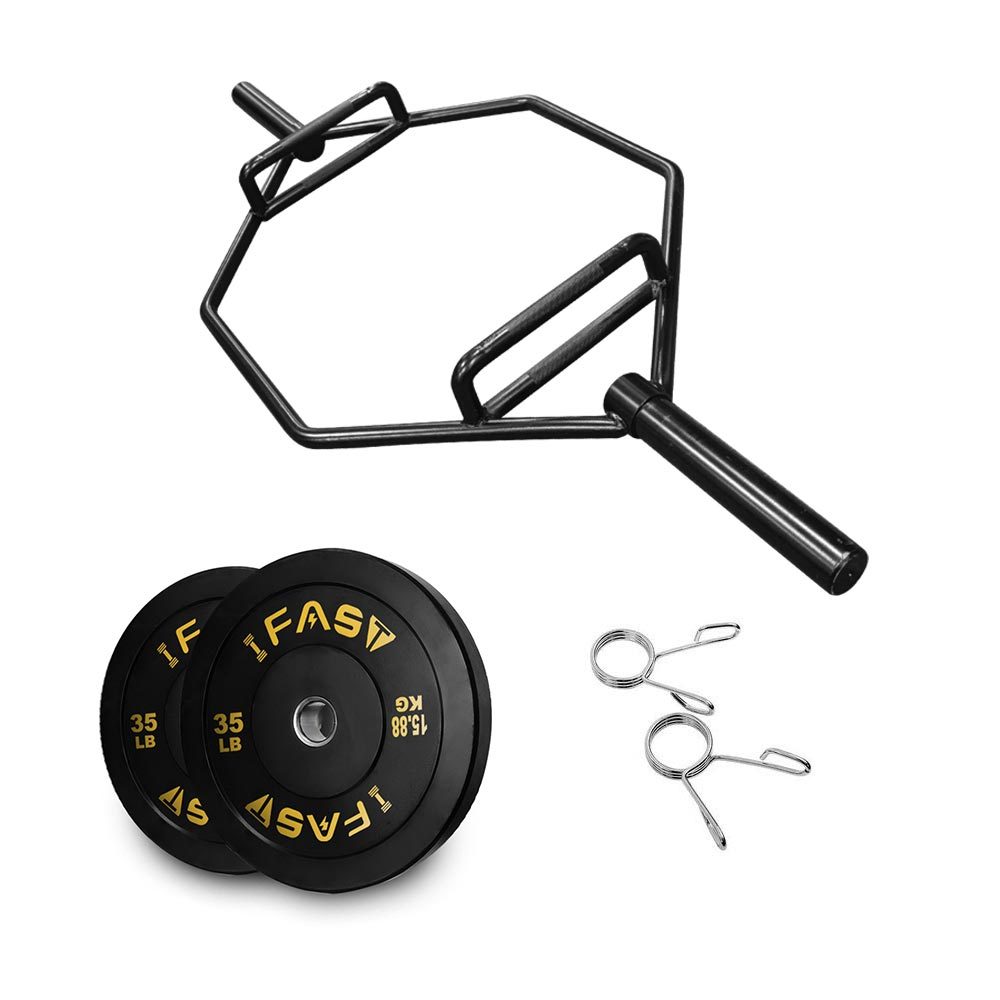 Hex Bar Weights Set Trap Bar Olympic Bumper 35lb Weight Plates Set for Deadlift Weightlifting Bodybuilding - 2 Inch Hexagon Trap Bar with Weights for Exercise & Fitness Home Gyms