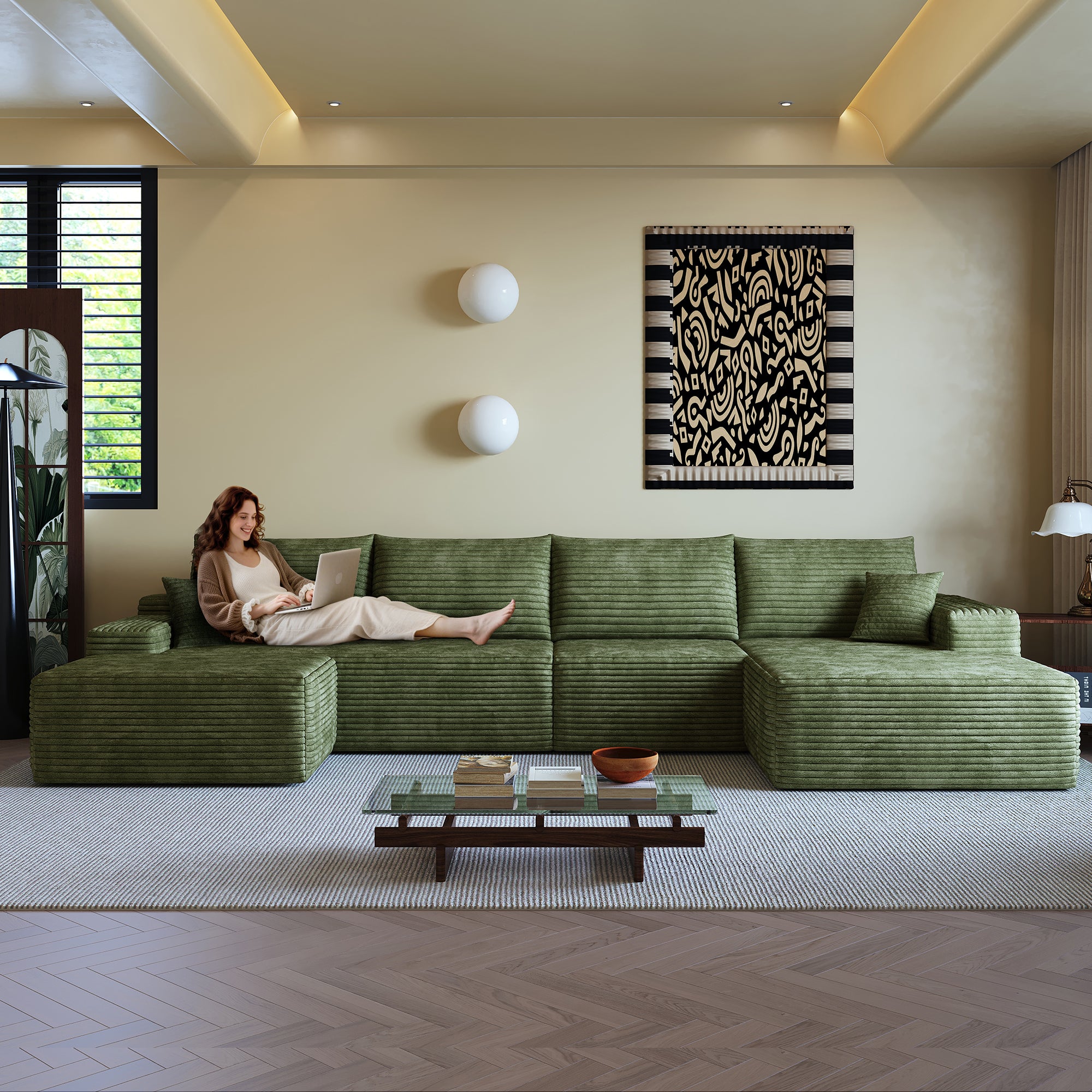 135' Cloud Sectional Sofa with 1 Ottoman,Modern Minimalist Upholstered Couches, Comfort U Shaped Sofa for Living Room,Deep Seat Corner Couch,No Assembly Required (Plush Corduroy Fabric),Green