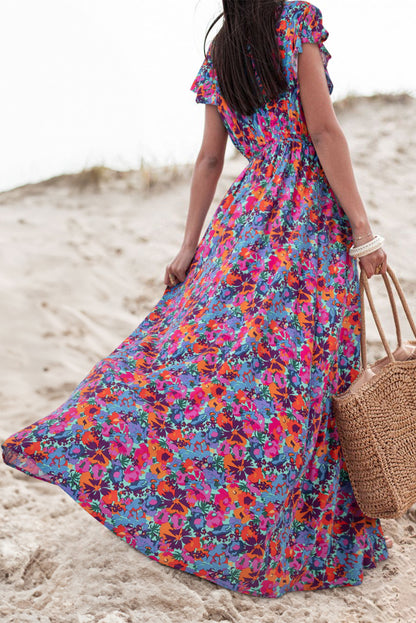 Wholesale Blue Boho Floral Print V Neck Wrap Split Maxi Dress - Eloy Royal