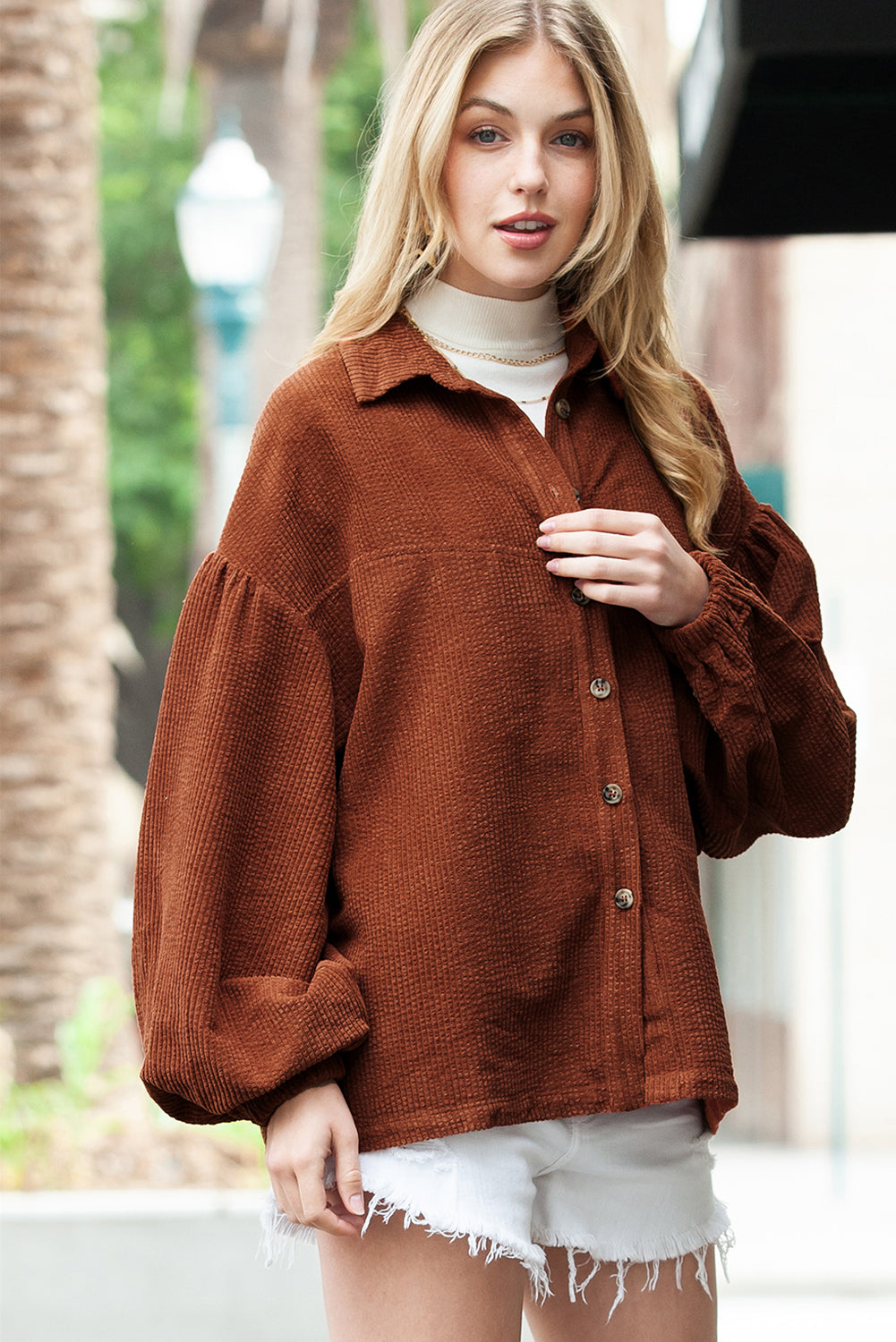 Wholesale Coffee Corduroy Button Up Lantern Sleeve Jacket - Eloy Royal