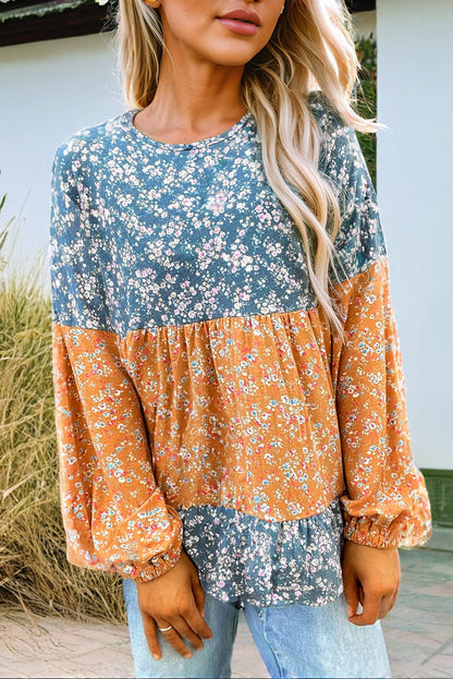 Orange Ditsy Floral Color Block Ruffle Hem Long Sleeve Top