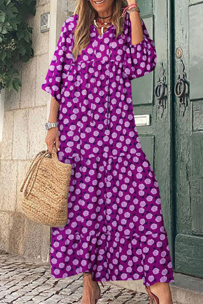 Purple Boho Printed V Neck Puff Sleeve Maxi Dress - Eloy Royal