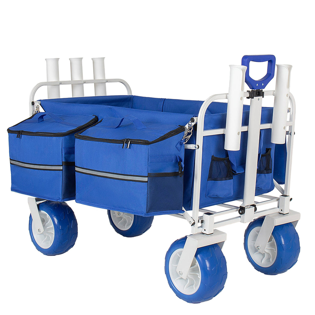 Beach Wagon Cart with Rod Holders and 9' All-Terrain Wheels, 500lbs Heavy Duty Collapsible Folding Wagon, Adjustable Handle, Cooler & Storage Bags for Beach, Camping, Garden & Outdoor Sports, Blue
