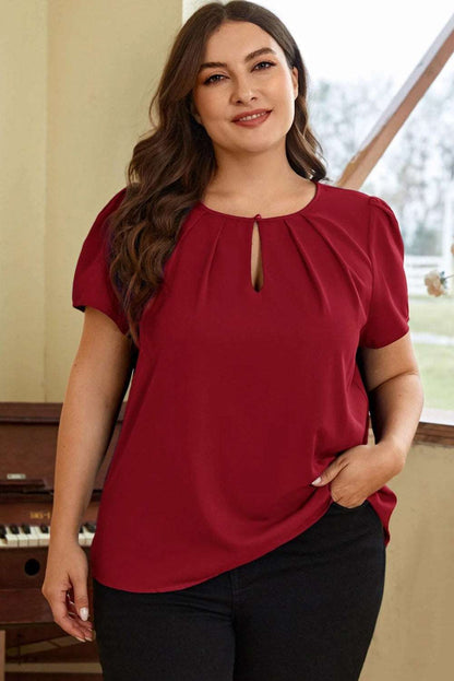 Black Keyhole Crew Neck Pleated Plus Size Top