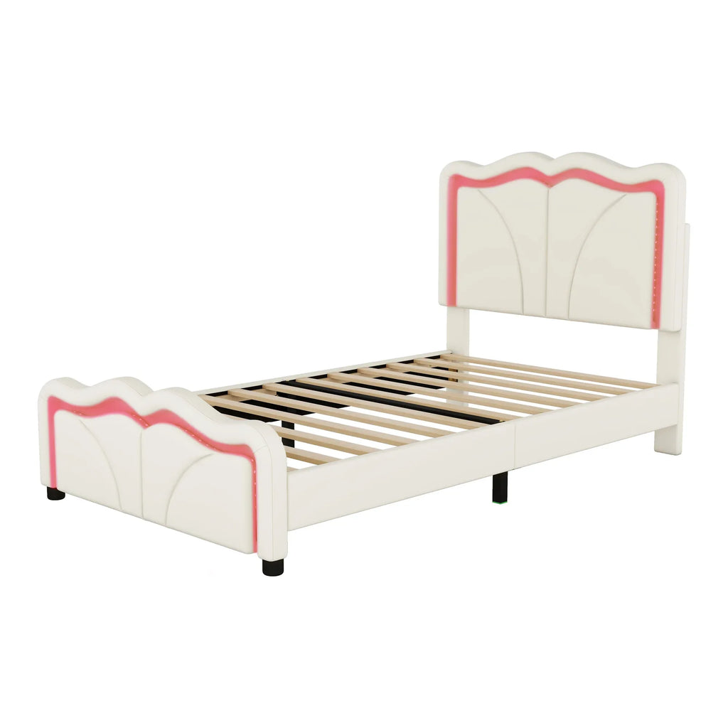 Twin Size Upholstered Platform Bed with Curved Adjustable Headboard and LED Lights, White, Pine Wood MDF PU - Eloy Royal