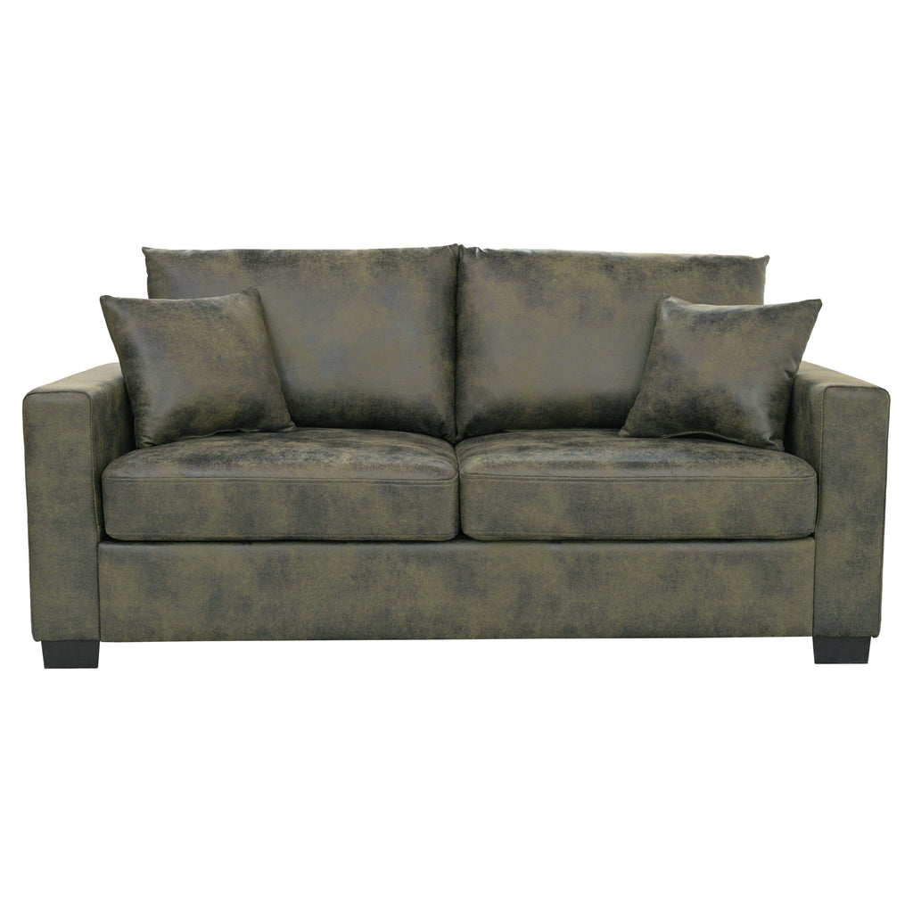 Olive Green Foil Fabric Two-Seater Sofa with Throw Pillows, Wood and Fabric Construction, 69-Inch Compact Design