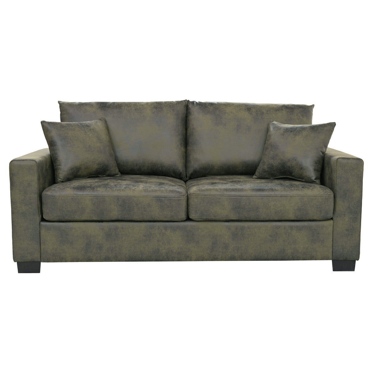 Olive Green Foil Fabric Two-Seater Sofa with Throw Pillows, Wood and Fabric Construction, 69-Inch Compact Design