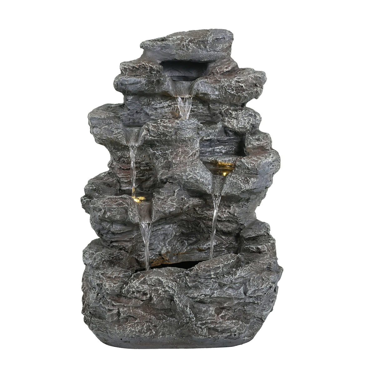 Tall Slim Faux-Stone Fountain with LED Lights, 5-Tiered Cascading Water Feature in Gray Concrete, 23.75' H – Modern Outdoor Accent for Patios and Balconies