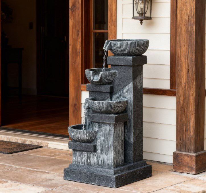 4-Tier Resin Cascading Bowls Outdoor Waterfall Fountain,Water Fountain,with LED Lights, Pump