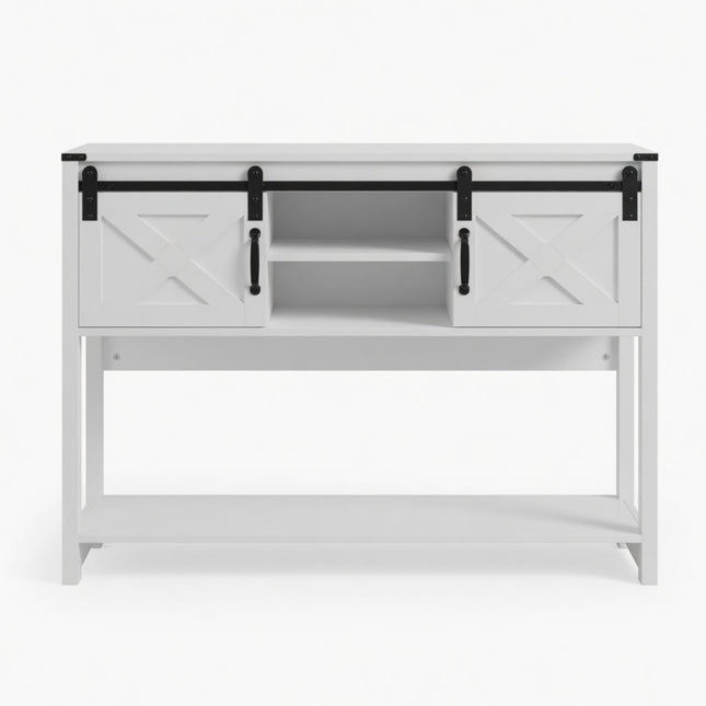 Modern Farmhouse Entryway Table with Sliding Barn Doors, White Engineered Wood Console Table, 46' Wide
