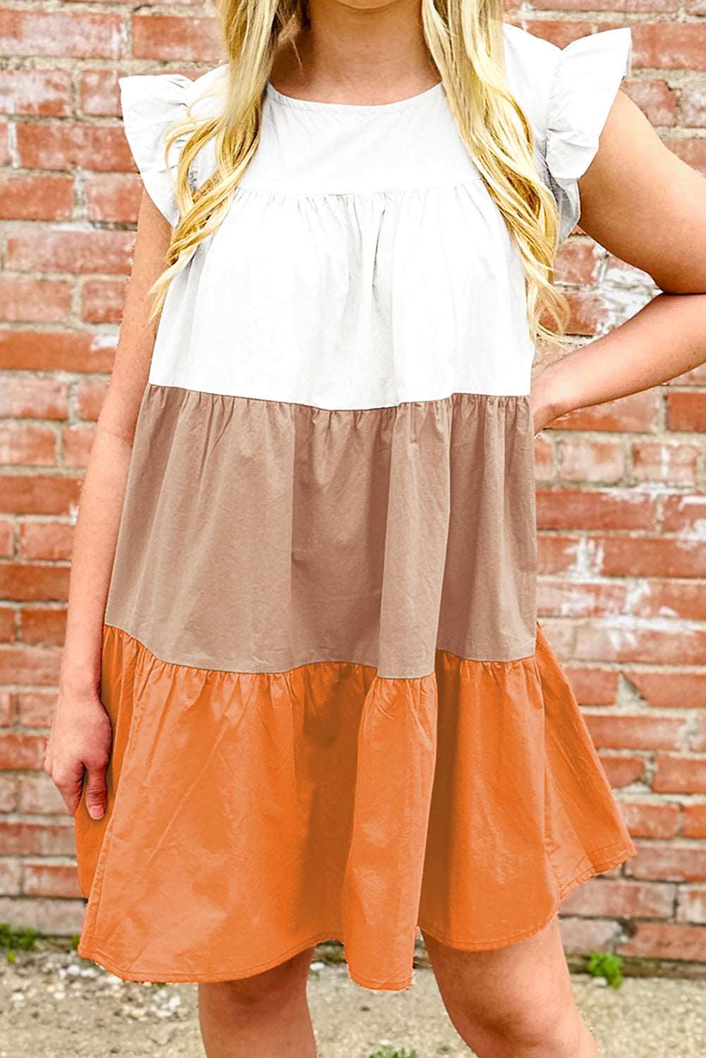 Apricot Ruffle Color Block Tiered Mini Dress