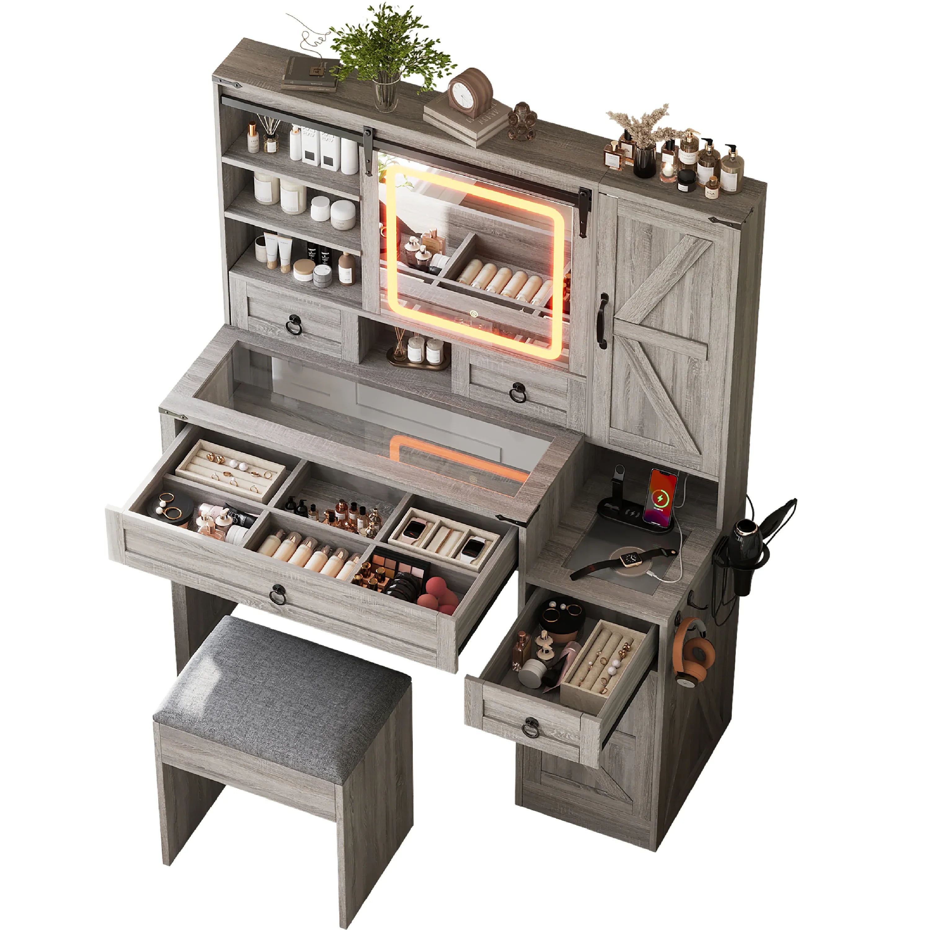 Farmhouse Vanity Desk with Sliding Mirror and Lights, Vanity Set with Glass Top and Charging Station ,Dressing Table with 4 Drawers and 2 Cabinets, Dressing Table with Stool for Bedroom, Gray - Eloy Royal